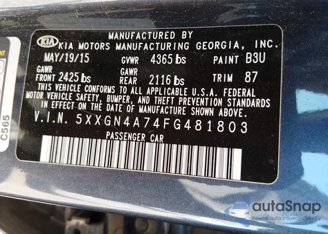 2015 Kia Optima Ex from USA, damaged, VIN 5XXGN4A74FG481803